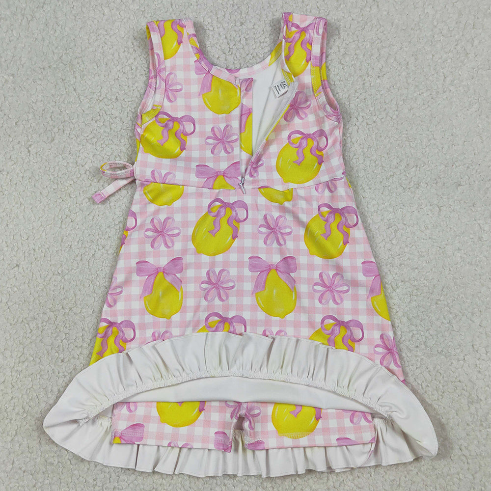 Baby Girls Dress Pink Checked Bows Lemons Yoga Active Shorts Ruffle Knee Length Dress GSD3683