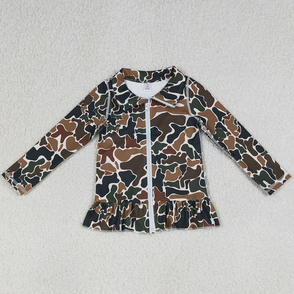 Baby Girls Clothes Dark Brown Camo Ruffle Yoga Zipper Jackets Top GT1315
