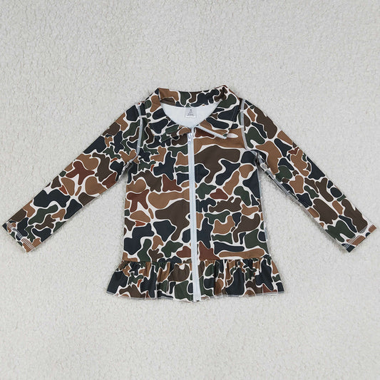 Baby Girls Clothes Dark Brown Camo Ruffle Yoga Zipper Jackets Top GT1315