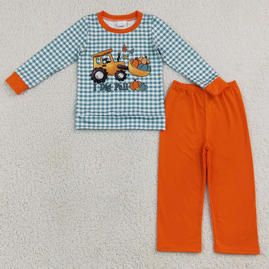 Baby Boys Clothes Pumpkins Truck Checked Top Pant Fall Clothes Sets BLP1542