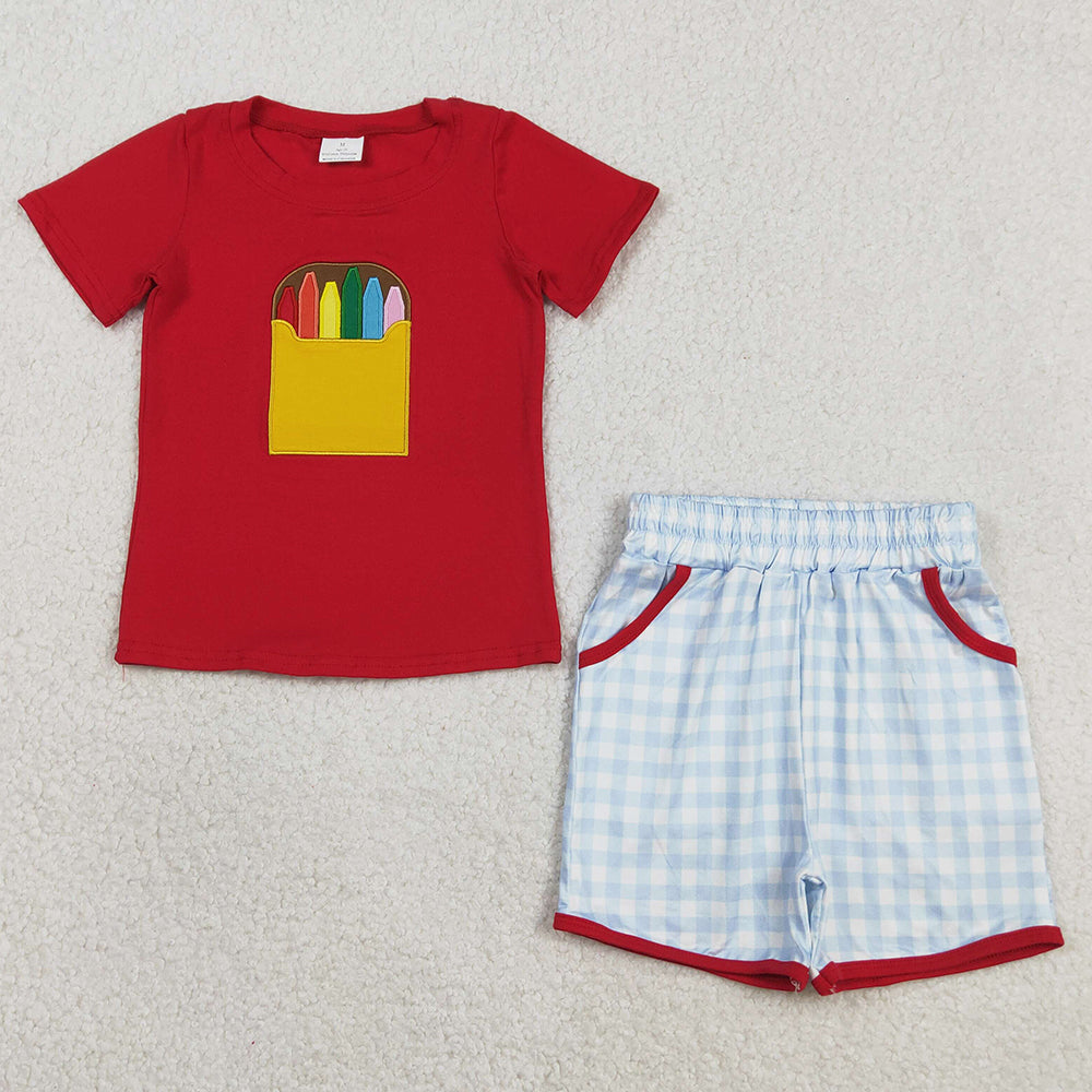 Baby Girls Clothes Embroidery Pencils Checked Tunic Ruffle Shorts Back to School Sets GSSO3101