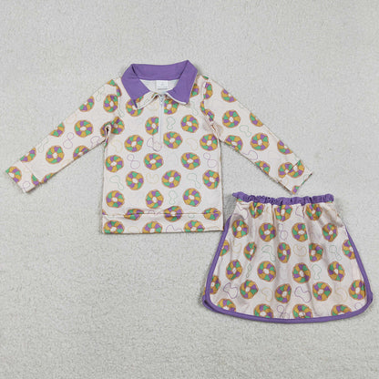 Baby Girls Clothes Mardi Gras Donuts Zipper Pullover Top Skirt Shorts Clothes Sets GLD1332 11.22