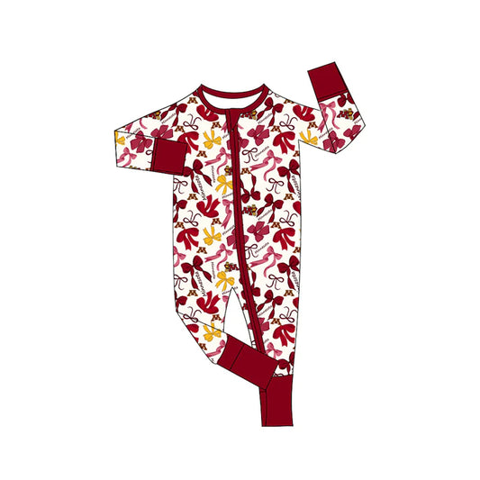 Preorder(moq 5)long sleeves M maroon bows baby team zip romper 8.22