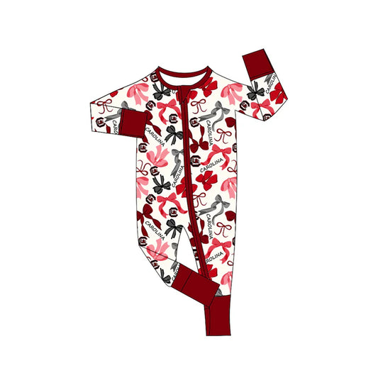 Preorder(moq 5) long sleeves maroon bows baby team zip romper 8.27