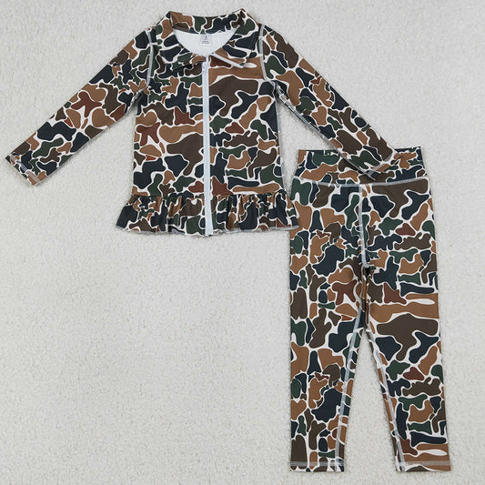 Baby Girls Clothes Dark Brown Camo Zipper Jackets Ruffle Top Leggings Yoga Clothes Sets GLP2992