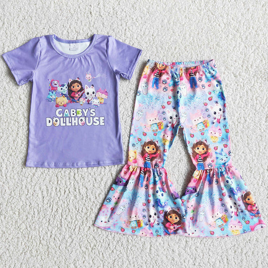 Kids Clothes Girls Short Sleeve Bell Pants Set Baby Girl Clothes Cartoon Girls Clothing E5-13