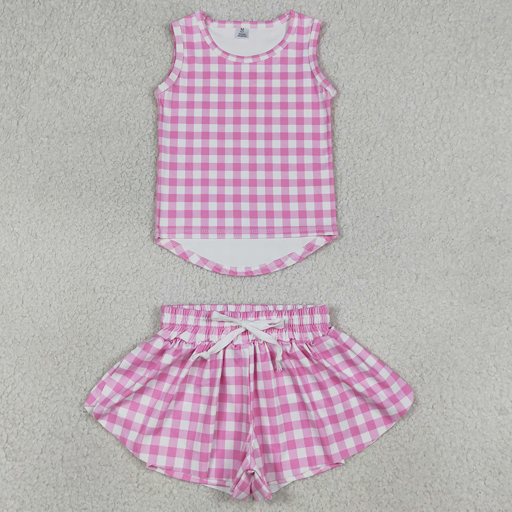 Baby Girls Clothes Pink Checked Vests Top Butterfly Short Yoga Active Clothes Sets GSSO3478