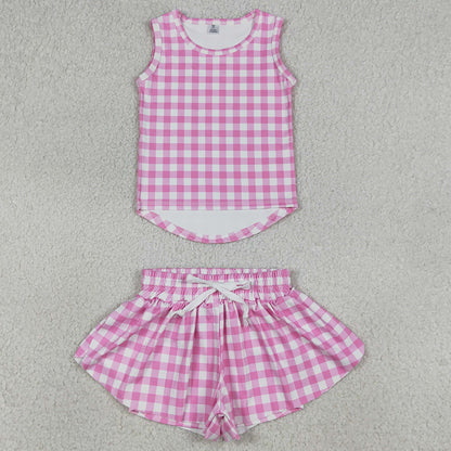Baby Girls Clothes Pink Checked Vests Top Butterfly Short Yoga Active Clothes Sets GSSO3478