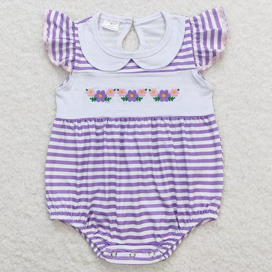 Baby Infant Girls Rompers Purple Stripes Flowers Flutter Sleeve Rompers SR1051