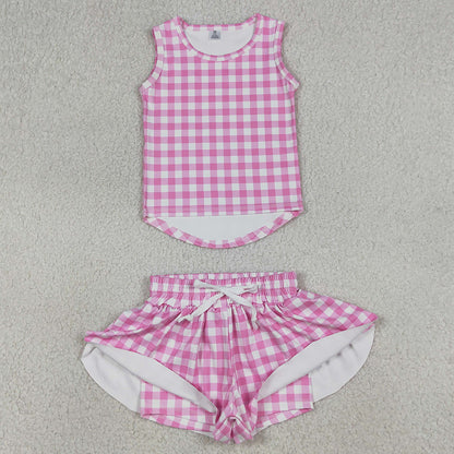 Baby Girls Clothes Pink Checked Vests Top Butterfly Short Yoga Active Clothes Sets GSSO3478