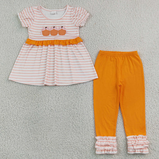 Baby Girls Clothes Embroidery Bow Pumpkins Stripe Tunic Ruffle Pant Fall Clothes Sets GSPO2337