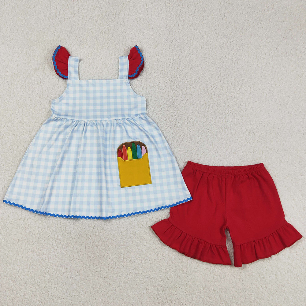 Baby Girls Clothes Embroidery Pencils Checked Tunic Ruffle Shorts Back to School Sets GSSO3101