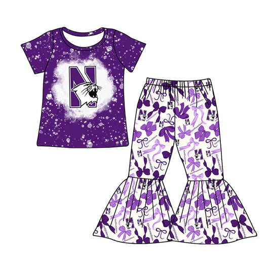 Preorder MOQ 5 bleached purple N top bow pants girls team clothes 8.25