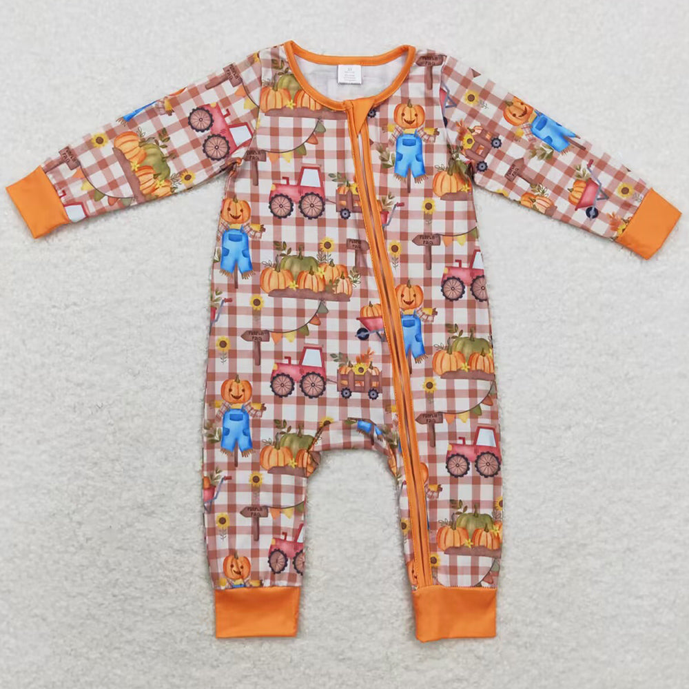 Baby Infant Kids Rompers Fall Pumpkin Trucks Zip Bamboo Rompers LR1046