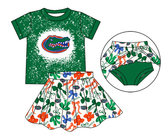 Preorder moq 5 green crocodile bleached top bow skirt girls team outfits 8.26