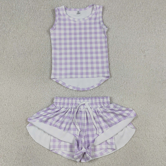 Baby Girls Clothes Lavender Checked Vests Top Butterfly Short Yoga Active Clothes Sets GSSO3477