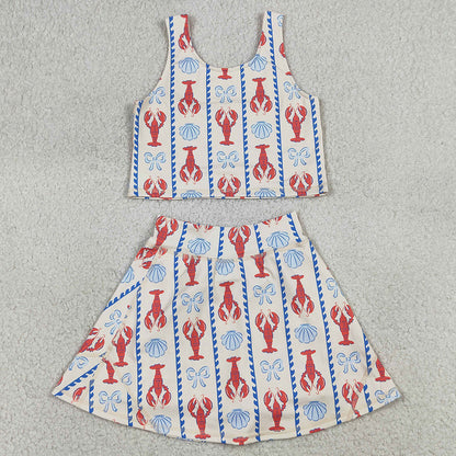 Baby Girls Clothes Bows Crayfishes Stripe Vest Top Skirt Short Yoga Active Clothes Sets GSD3626