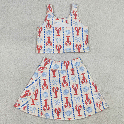 Baby Girls Clothes Bows Crayfishes Stripe Vest Top Skirt Short Yoga Active Clothes Sets GSD3626