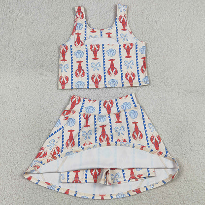 Baby Girls Clothes Bows Crayfishes Stripe Vest Top Skirt Short Yoga Active Clothes Sets GSD3626