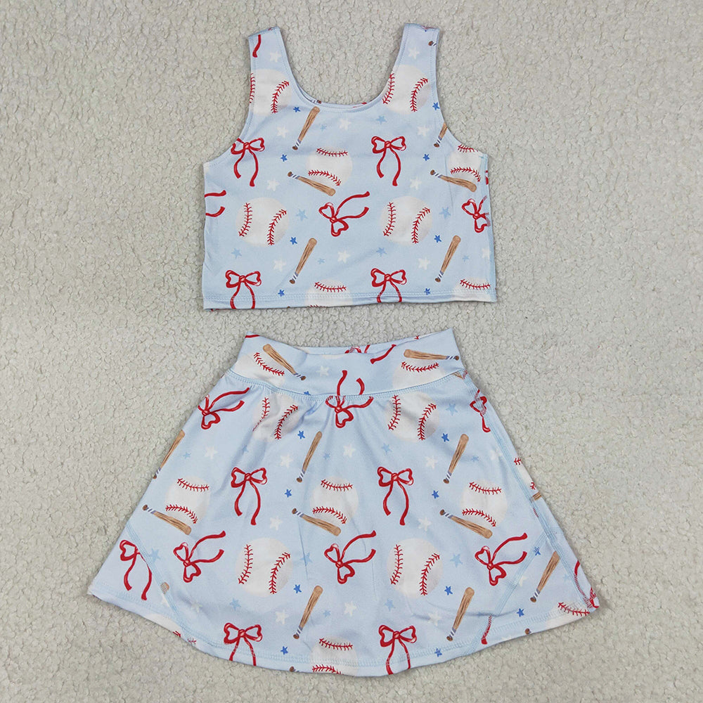 Sibling Baby Girls Bows Baseballs Softballs Top Skirt Short Team Yoga Active Scallop Clothes Sets