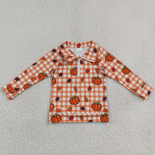 Baby Boys Clothes Long Sleeve Leaves Pumpkins Checked Fall Zip Pullovers Top BT1895