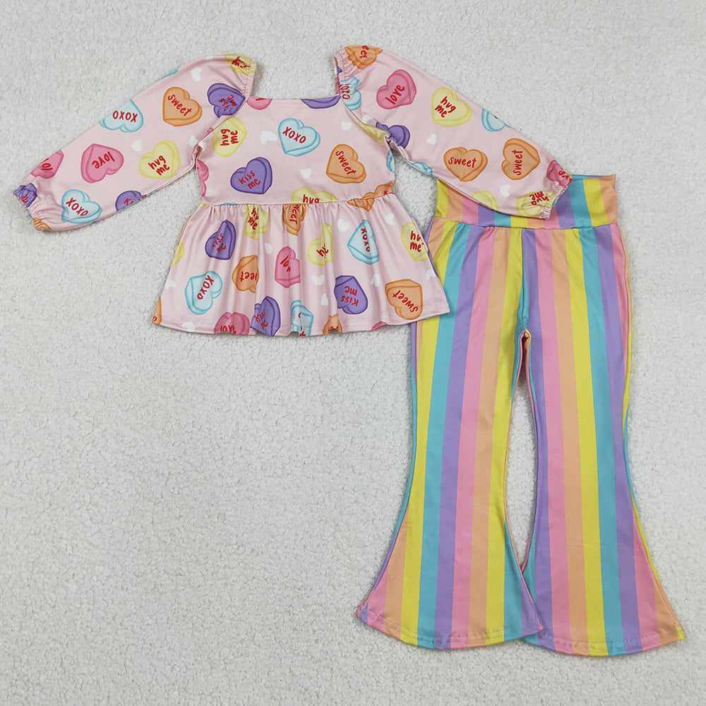 Baby Girls Clothes Colorful Hearts Tunic Stripe Bell Bottom Pant Valentines Clothes Sets GLP3118 12.10