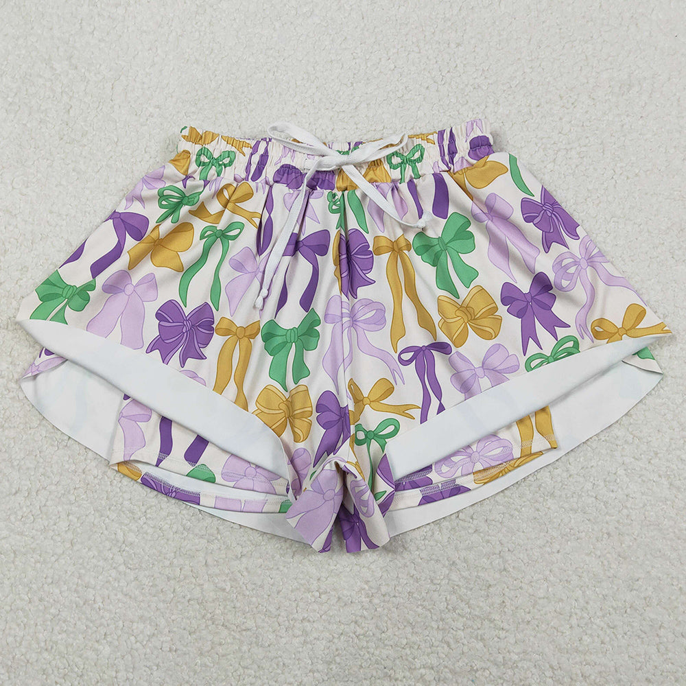 Adult Women Shorts Mardi Gras Bows Plaid Yoga Active Ruffle Shorts Bottoms SS0681 11.22