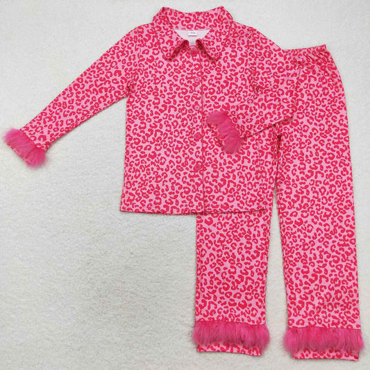 Adult Women Pajamas Dark Pink Leopard Button Up Top Pants Fur Pajamas Sets GLP1261