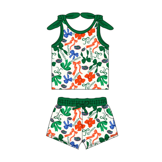 Preorder MOQ 5 pcs sleeveless crocodile bow top shorts girls team clothes 8.26