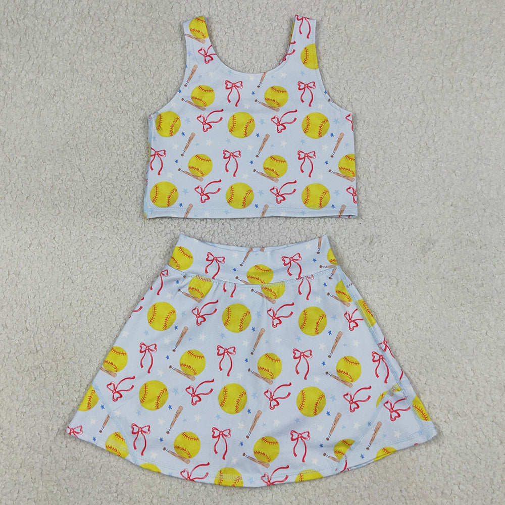 Sibling Baby Girls Bows Baseballs Softballs Top Skirt Short Team Yoga Active Scallop Clothes Sets