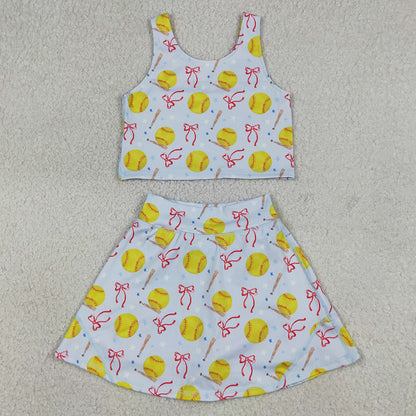 Sibling Baby Girls Bows Baseballs Softballs Top Skirt Short Team Yoga Active Scallop Clothes Sets