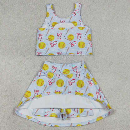 Sibling Baby Girls Bows Baseballs Softballs Top Skirt Short Team Yoga Active Scallop Clothes Sets