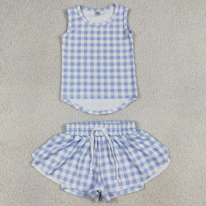 Baby Girls Clothes Blue Checked Vests Top Butterfly Short Yoga Active Clothes Sets GSSO3479