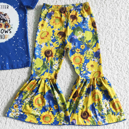 Hot Sale Baby Girls Clothes Bell Bottom Outfits Cow Print Fashion Girls Sunflower Set GSPO0071