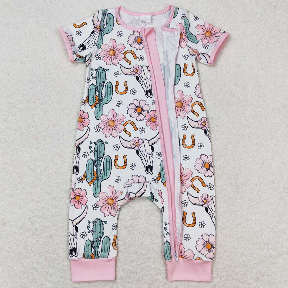 Baby Infant Girls Romper Cow Western Cactus Flowers Zip Rompers SR1109