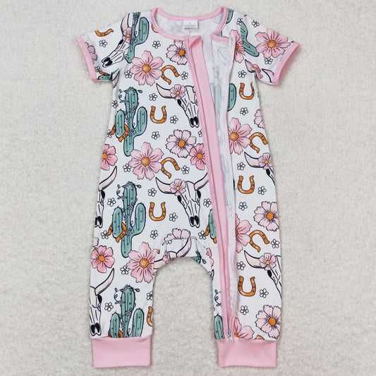 Baby Infant Girls Romper Cow Western Cactus Flowers Zip Rompers SR1109