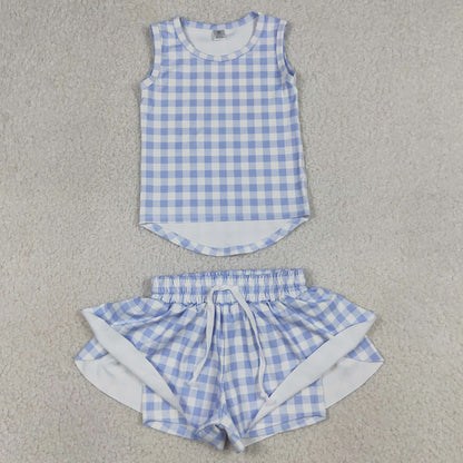 Baby Girls Clothes Blue Checked Vests Top Butterfly Short Yoga Active Clothes Sets GSSO3479