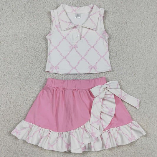 Baby Girls Clothes Pink Bows Checked Button Top Ruffle Skirt Shorts Yoga Clothes Sets GSD3479