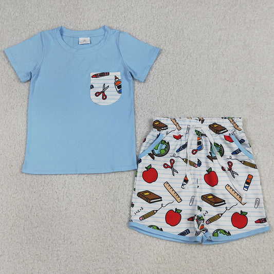 Baby Boys Clothes Apples Pencils Top Pockets Shorts Back to School Clothes Sets BSSO1921
