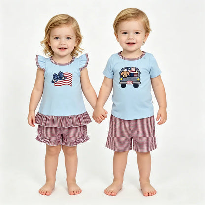 Sibling Baby Boys Girls Embroidery Dog Bows Flags Top Short 4th of July Clothes Sets
