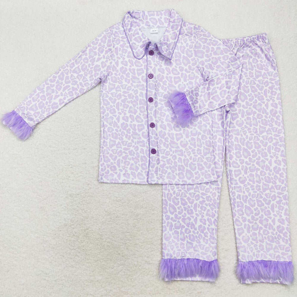 Adult Women Pajamas Lavender Leopard Fur Button Up Top Pants Pajamas GLP1263