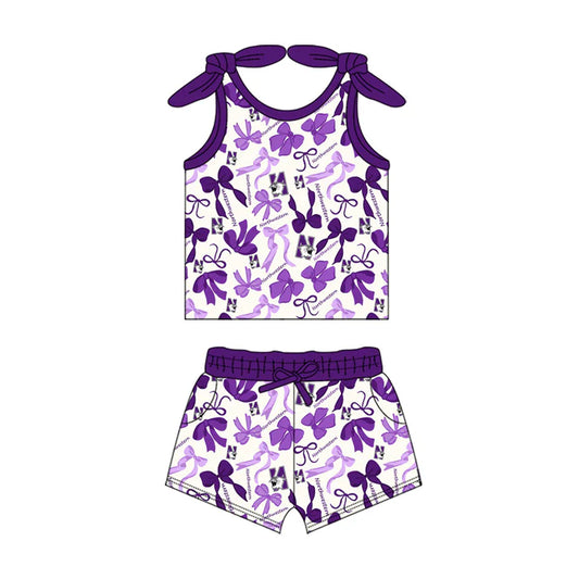Preorder MOQ 5 pcs sleeveless N purple bow top shorts girls team clothes 8.23