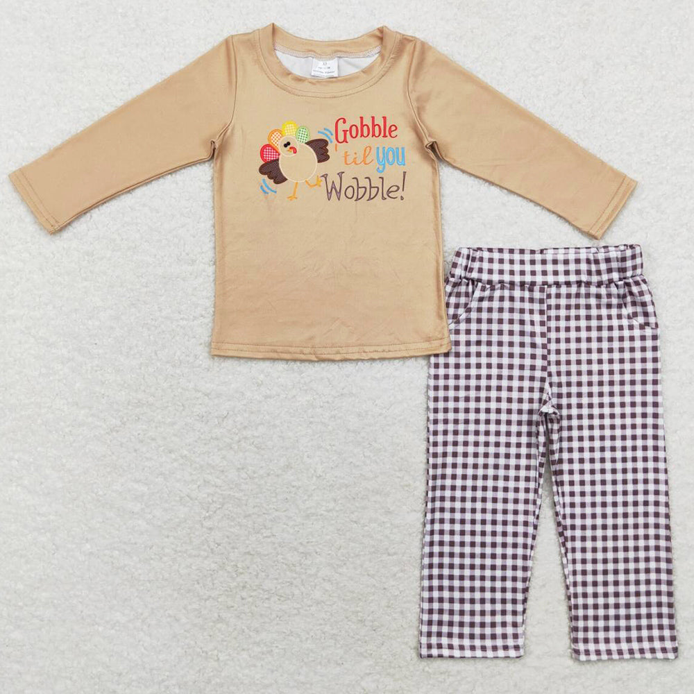 Baby Boys Clothes Thanksgiving Gobble Tee Checkered Pants Sets BLP0503