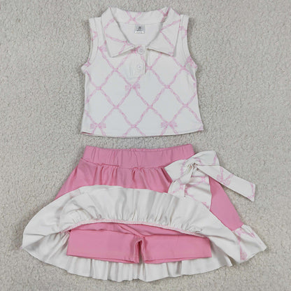 Baby Girls Clothes Pink Bows Checked Button Top Ruffle Skirt Shorts Yoga Clothes Sets GSD3479