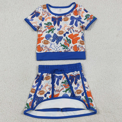 Sibling Baby Girls Short Sleeve Bows Footballs Top Skirt Shorts Team Clothes Sets