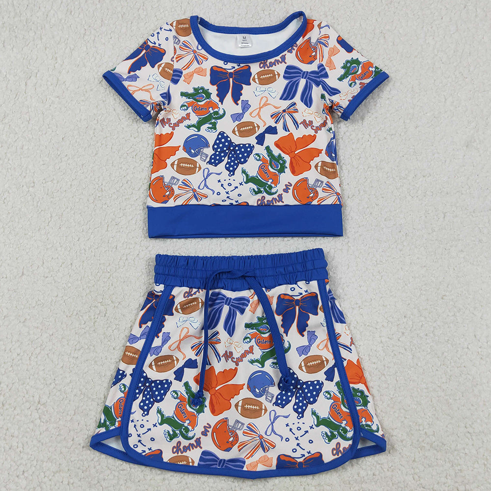 Sibling Baby Girls Short Sleeve Bows Footballs Top Skirt Shorts Team Clothes Sets
