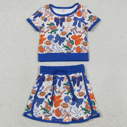 Sibling Baby Girls Short Sleeve Bows Footballs Top Skirt Shorts Team Clothes Sets