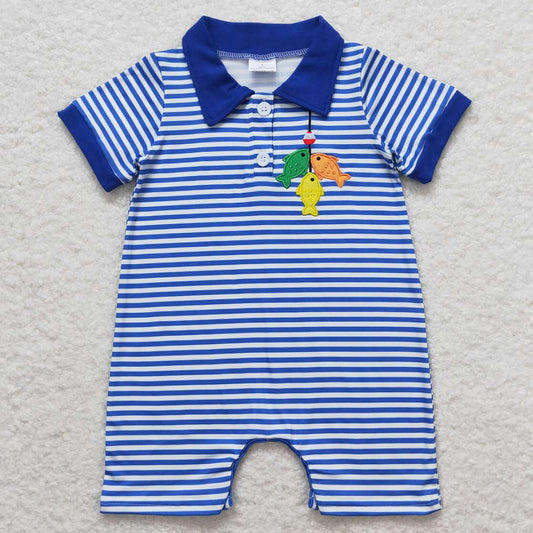 Baby Infant Boys Romper Fishing Embroidery Blue Stripes Short Sleeve Rompers SR1045