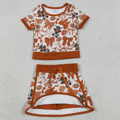 Baby Girls Clothes Bow Football Bull Skulls Top Skirt Short Team Yoga Active Clothes Sets GSD3697