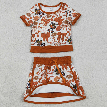 Sibling Baby Girls Short Sleeve Bows Footballs Top Skirt Shorts Team Clothes Sets